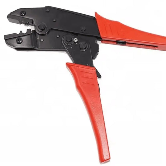 Infrared heating crimping tool with ergonomic red handles and precision black metal jaws. Ideal for professional and DIY electrical work.