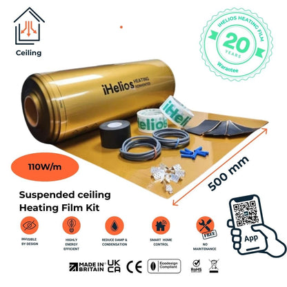 iHelios suspended ceiling heating film kit with roll, tools, and certification logos on a white background.